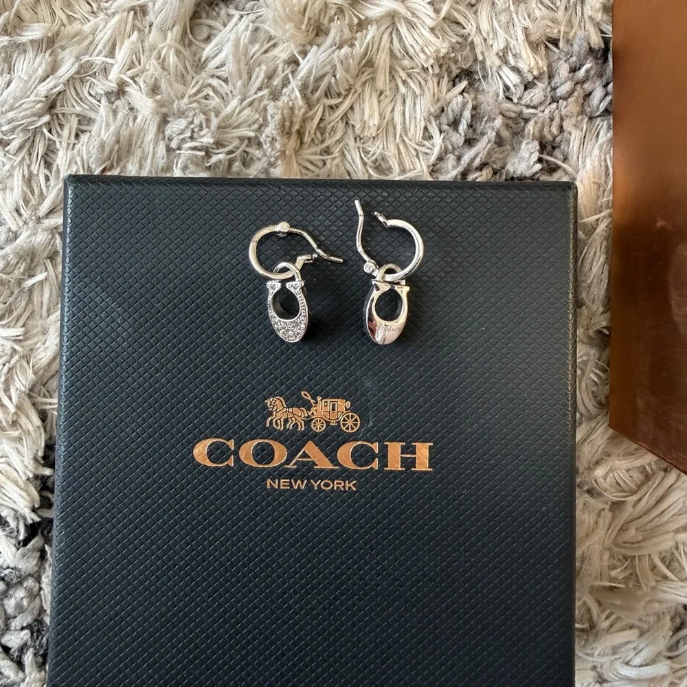 Coach Silver-Tone Crystal Horsebit Drop Hoop Earrings - Picture 2 of 3